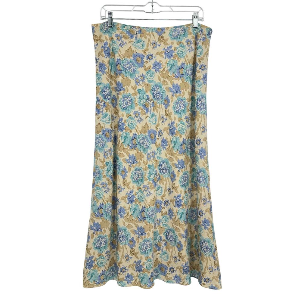 Vintage Villager Linen Midi Skirt Size 12 Floral Fairy Beige Blue Cottagecore